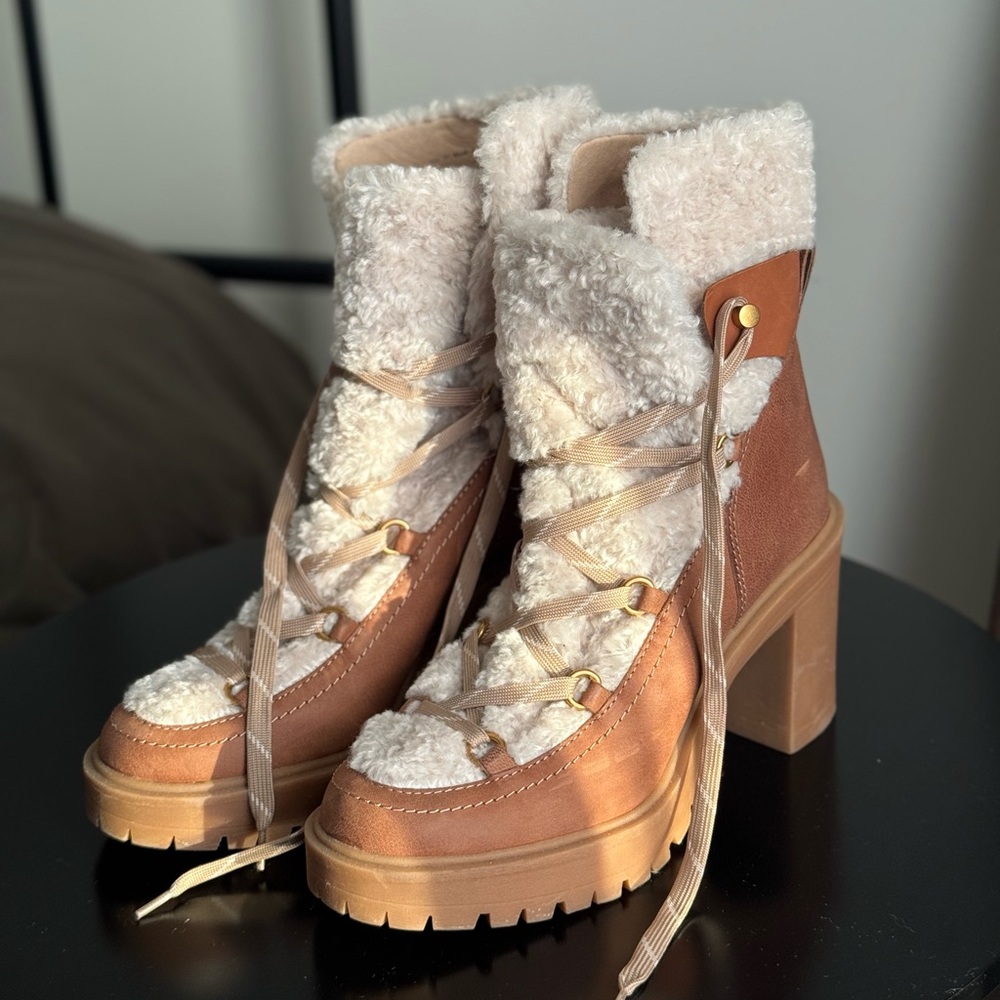 Dolce Vita Tan and Cream Lace-Up Block Heel Boots